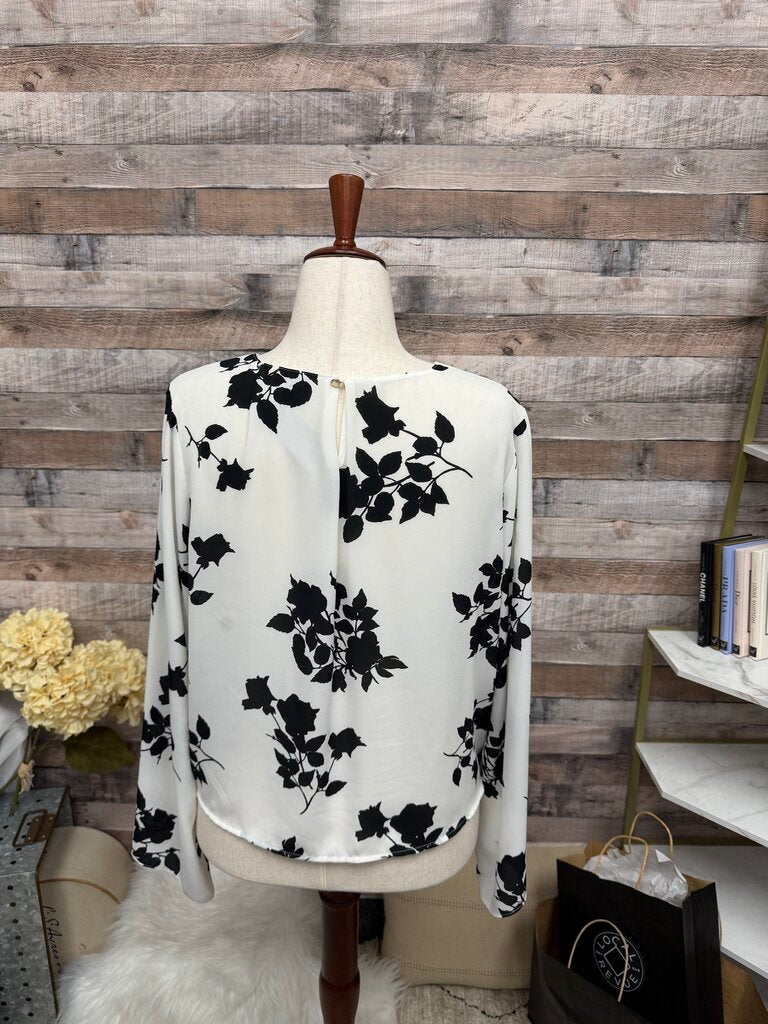 Vince Camuto White & Black Floral Pattern Blouse L