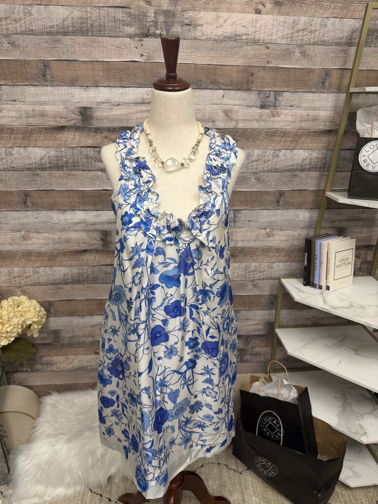 Altea Blue & White Floral Print Dress With Ruffle Detials