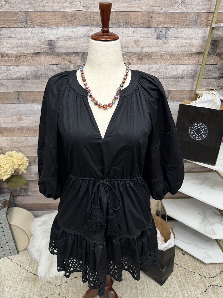 Alexis Black Tiered Mini Dress w/Embroidered Hem