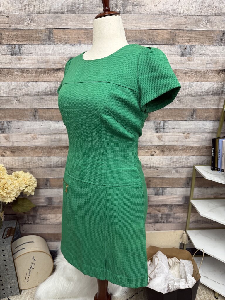 Tahari Green Textured Shift Dress With Zipper Detail