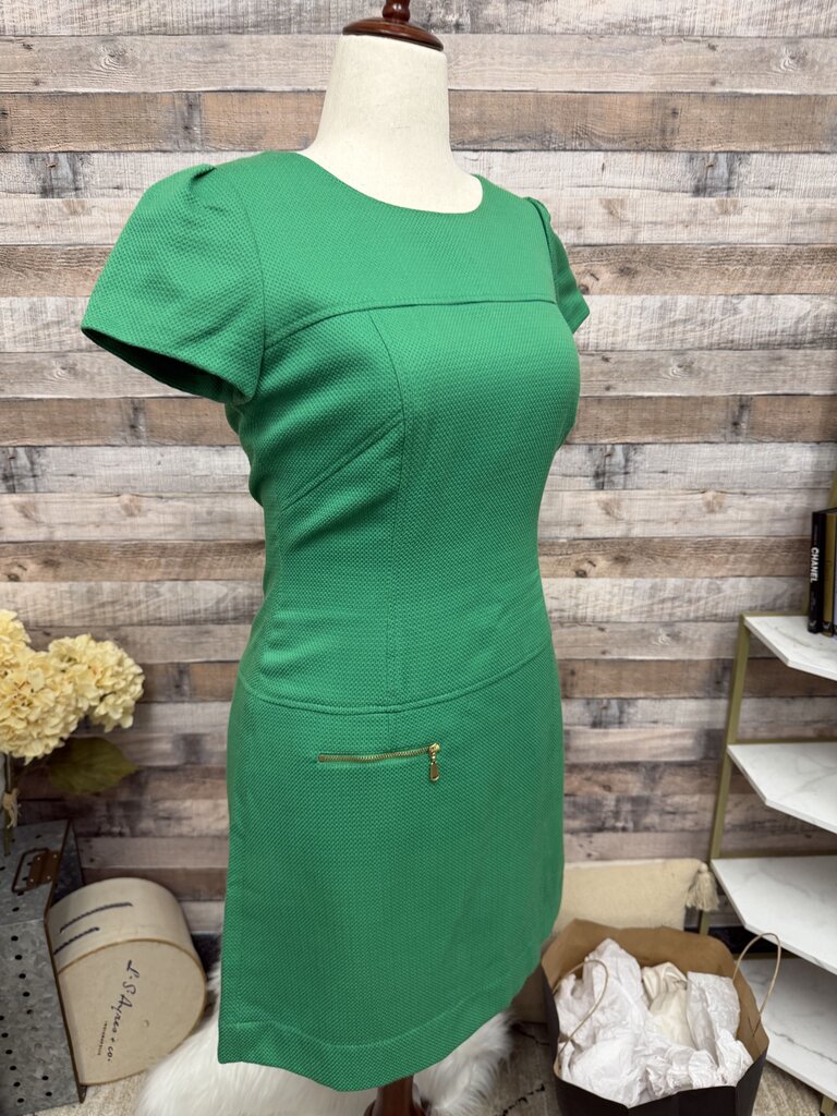 Tahari Green Textured Shift Dress With Zipper Detail