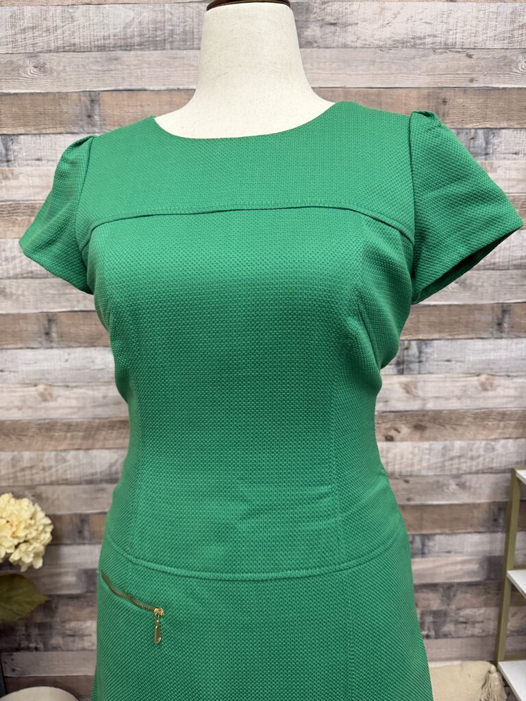 Tahari Green Textured Shift Dress With Zipper Detail