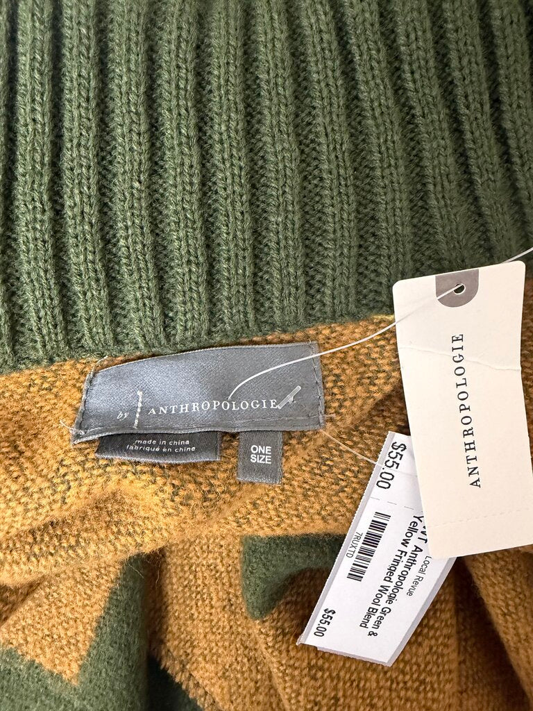 NWT Anthropologie Green & Yellow Fringed Wool Blend Poncho Cape