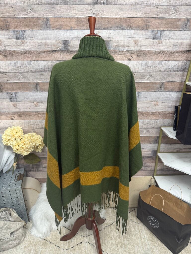 NWT Anthropologie Green & Yellow Fringed Wool Blend Poncho Cape