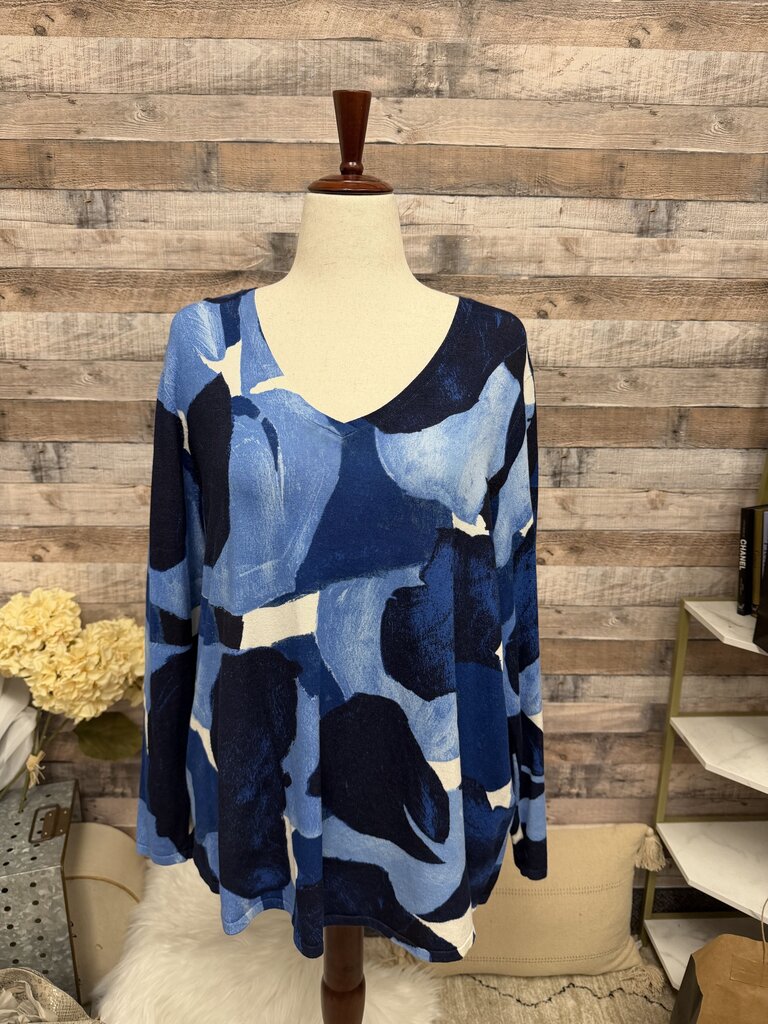 Chico's Blue Abstract Print V-Neck Sweater