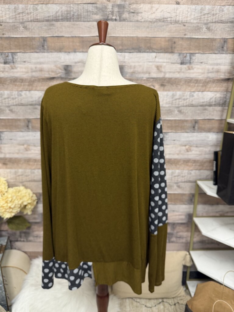Lisa Bayne Yellow & Grey Long Sleeve Top With Contrast Polka Dot Sleeve