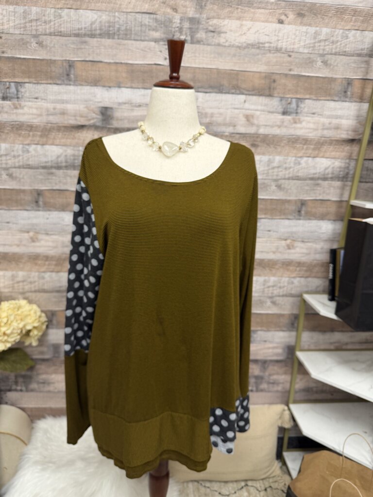 Lisa Bayne Yellow & Grey Long Sleeve Top With Contrast Polka Dot Sleeve