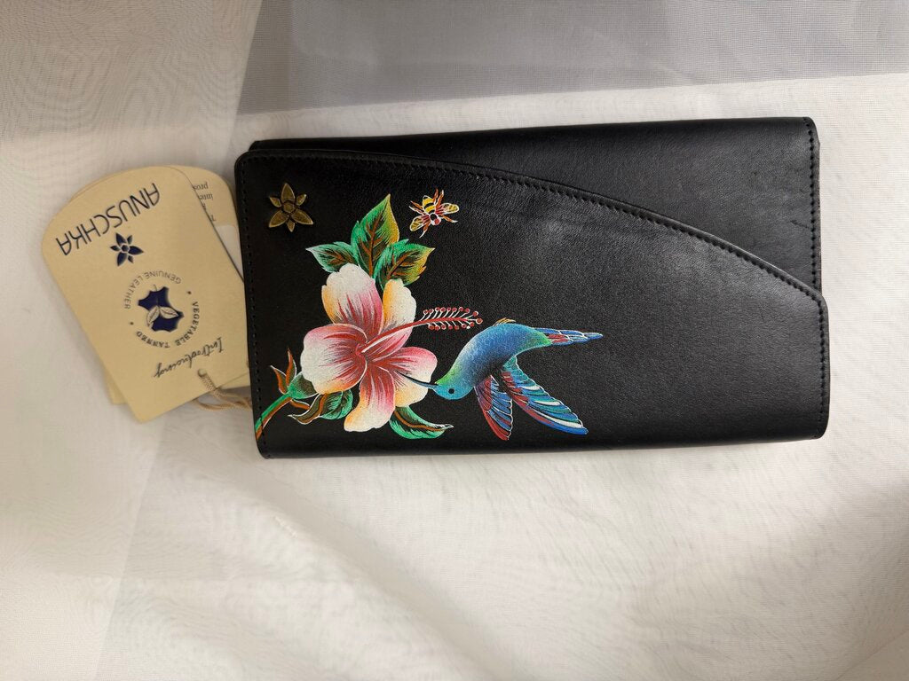 NWT Anuschka Black w/Blue Hummingbird Envelope Clutch