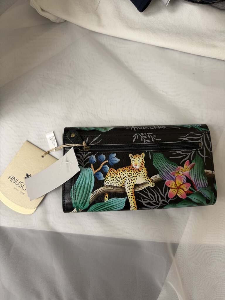 Anuschka Black w/Leopards 3 Fold Wallet