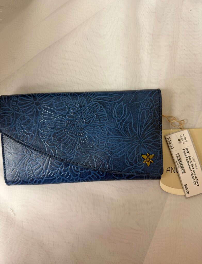 NWT Anuschka Ocean Navy Floral Embossed Wallet