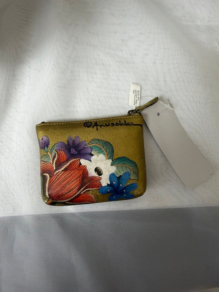 Anuschka Gold Metallic Floral Print Coin Pouch