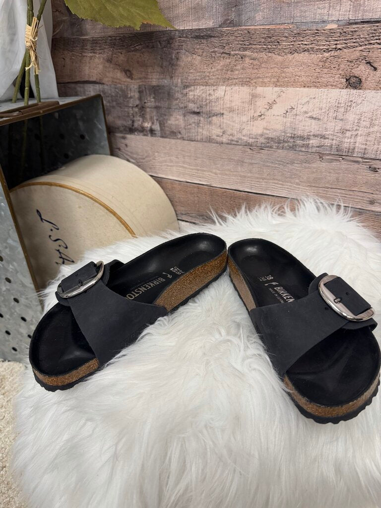 Birkenstock Black Leather Madrid Big Silver Buckle Slide