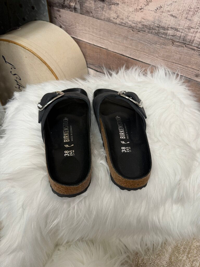 Birkenstock Black Leather Madrid Big Silver Buckle Slide