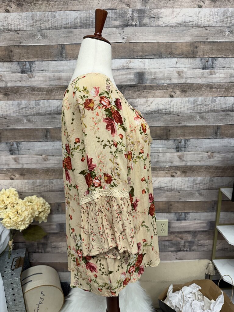 Bila Peach w/Red Floral Print Peasant Top