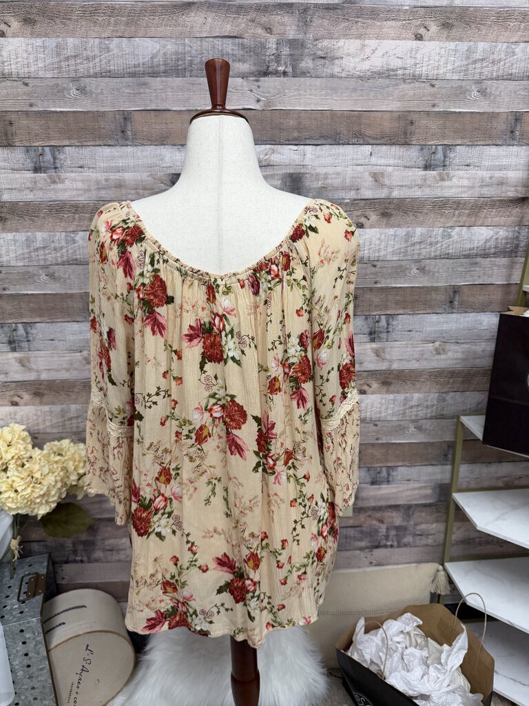 Bila Peach w/Red Floral Print Peasant Top