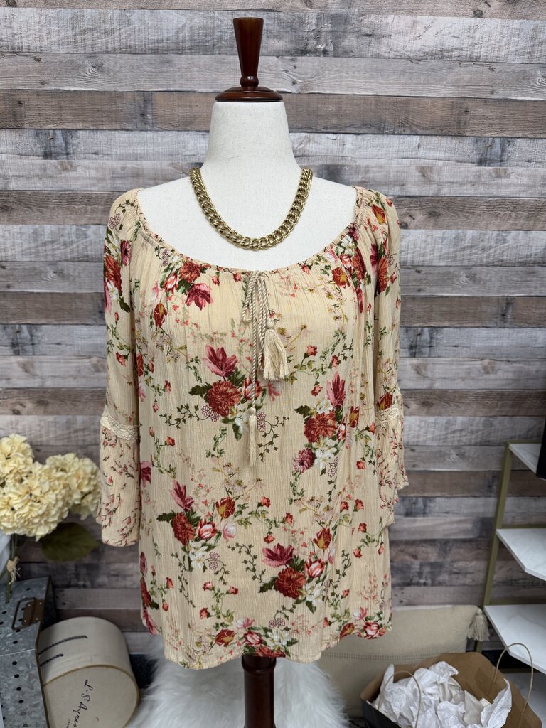Bila Peach w/Red Floral Print Peasant Top