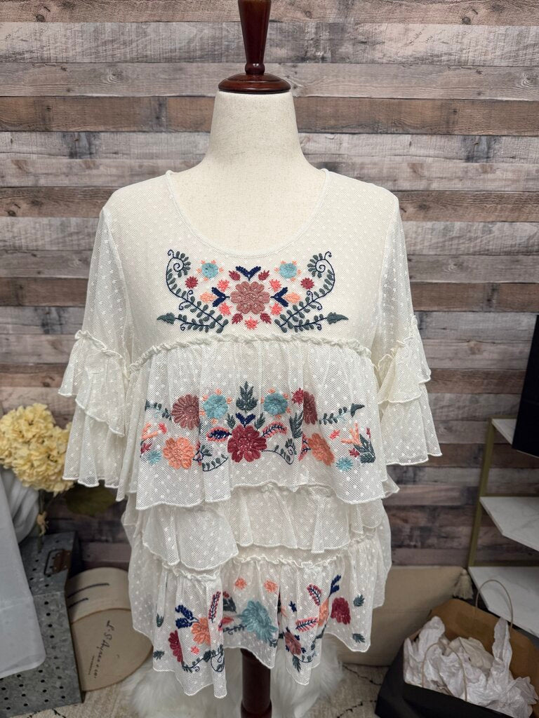 Vintage America Ivory Mesh Tiered Floral Print Top