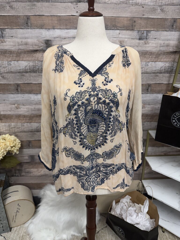 Bila Ivory/Peach w/Blue Boho Paisley & Beaded Design Top