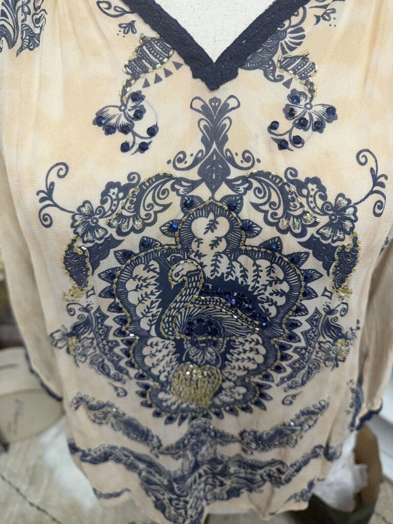 Bila Ivory/Peach w/Blue Boho Paisley & Beaded Design Top