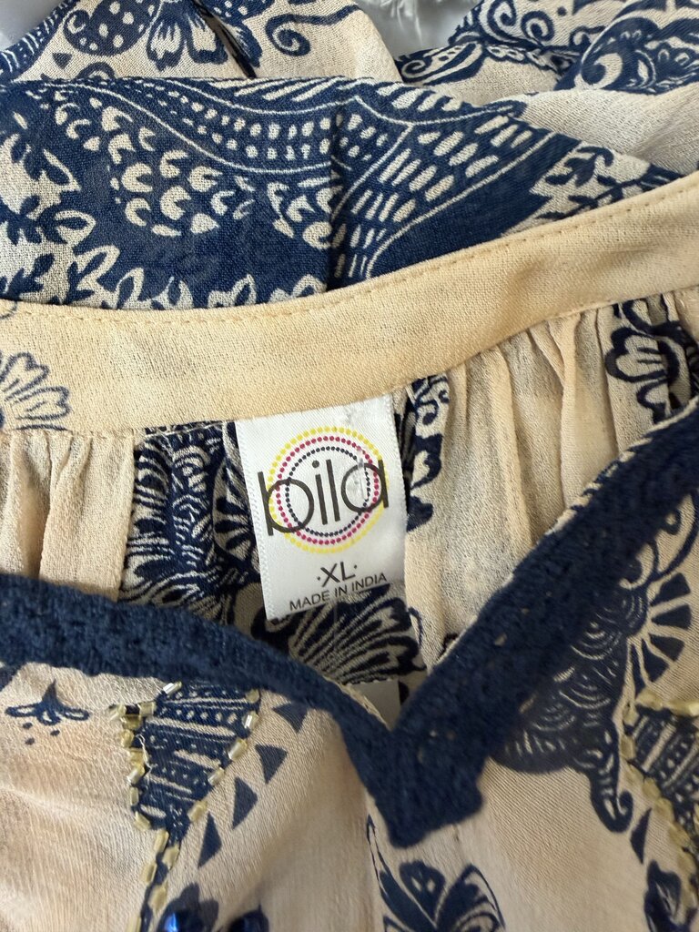 Bila Ivory/Peach w/Blue Boho Paisley & Beaded Design Top
