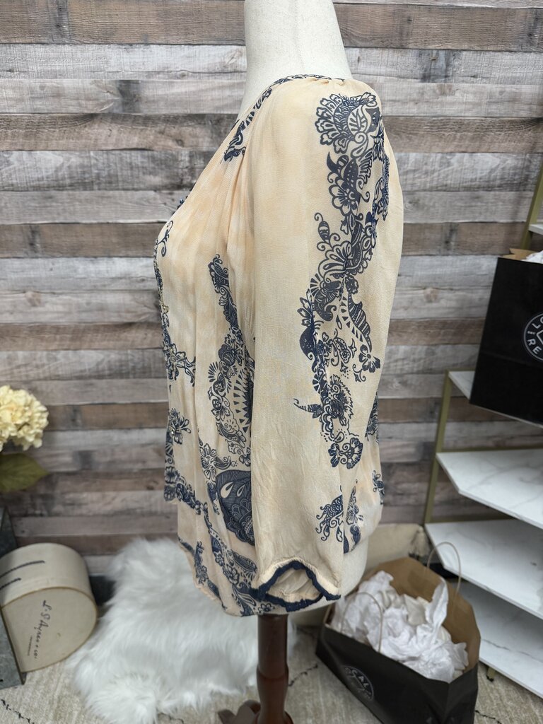 Bila Ivory/Peach w/Blue Boho Paisley & Beaded Design Top