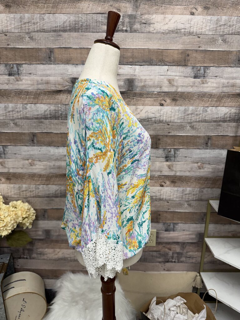 Democracy Yellow,Orange,Aqua Front Tie Kimono w/Embroidered Sleeve