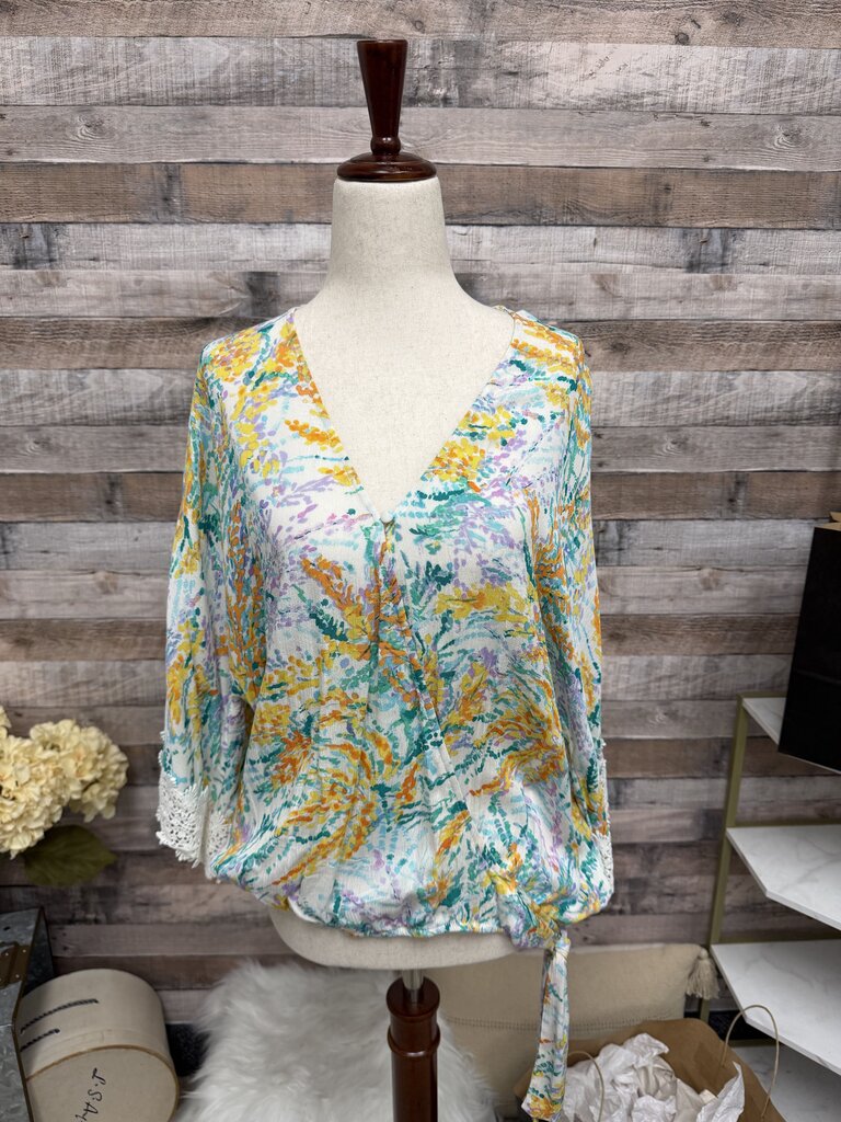 Democracy Yellow,Orange,Aqua Front Tie Kimono w/Embroidered Sleeve