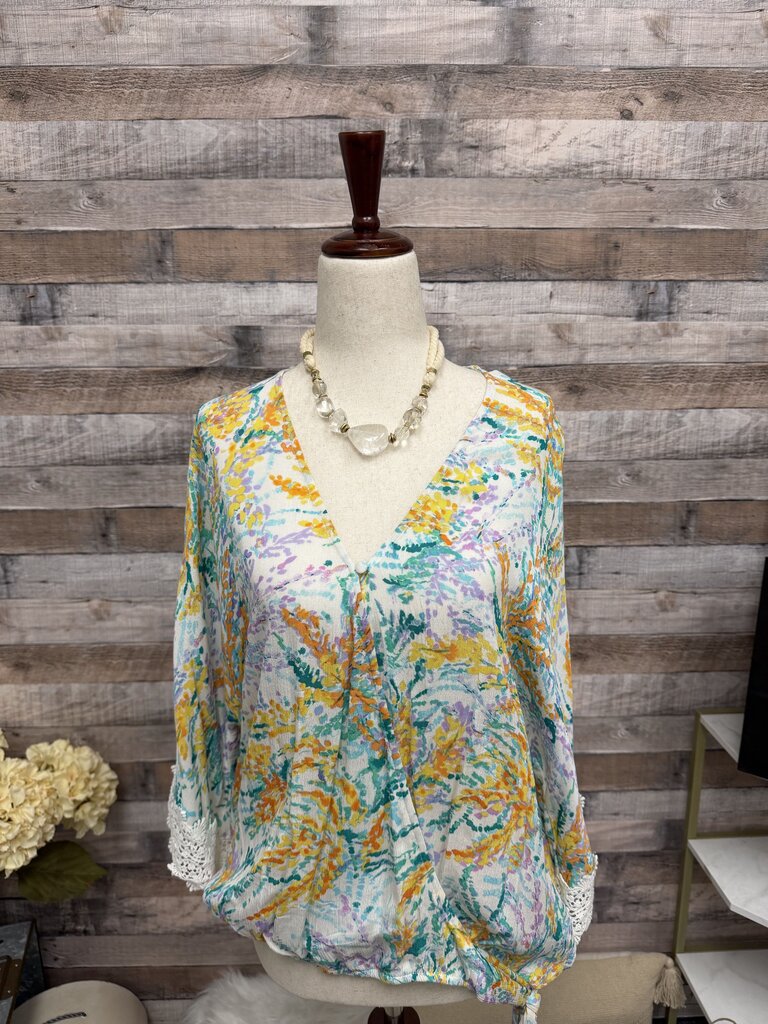 Democracy Yellow,Orange,Aqua Front Tie Kimono w/Embroidered Sleeve