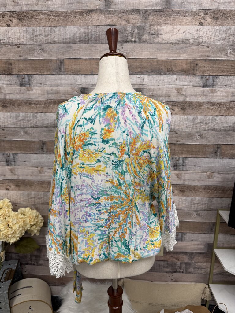 Democracy Yellow,Orange,Aqua Front Tie Kimono w/Embroidered Sleeve