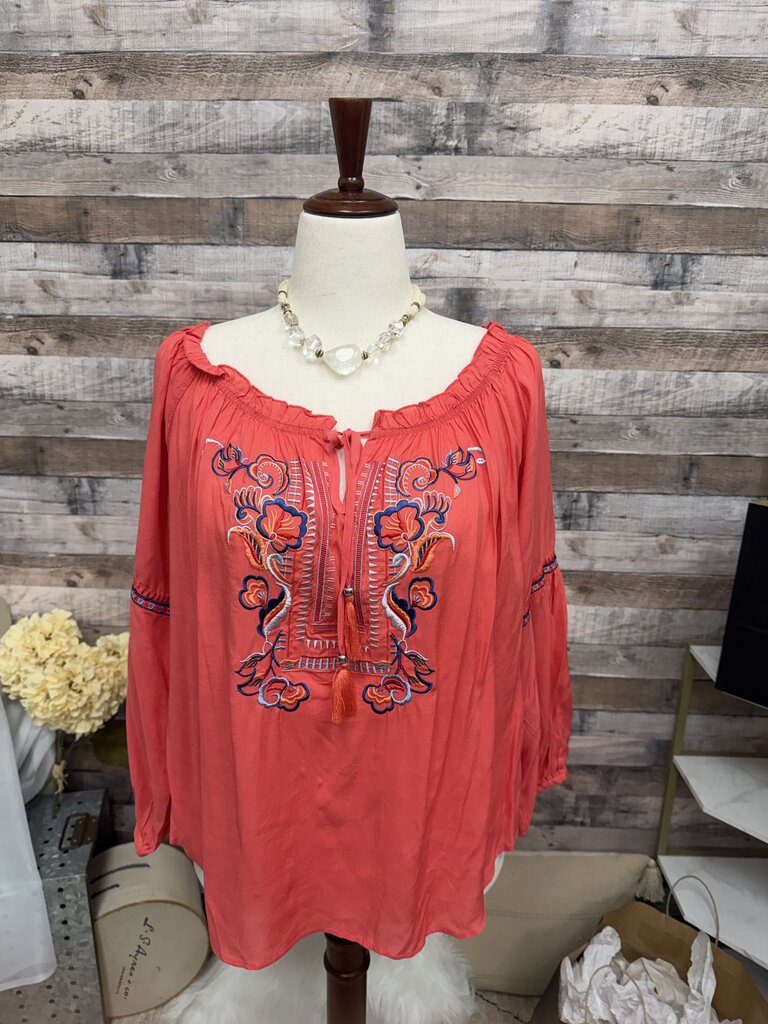 Grand & Greene Coral Peasant top with Blue Embroidered Flowers
