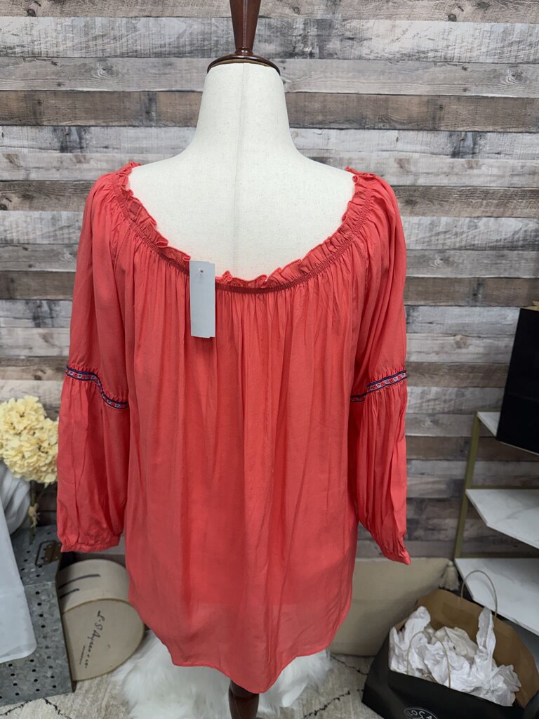 Grand & Greene Coral Peasant top with Blue Embroidered Flowers