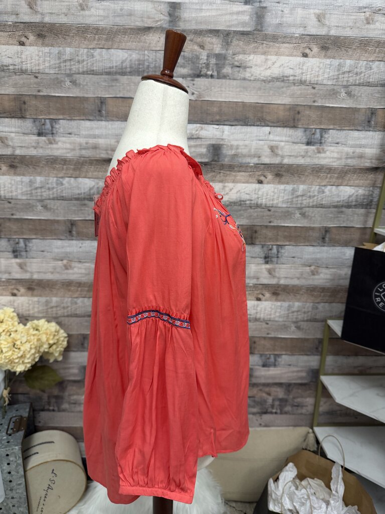 Grand & Greene Coral Peasant top with Blue Embroidered Flowers