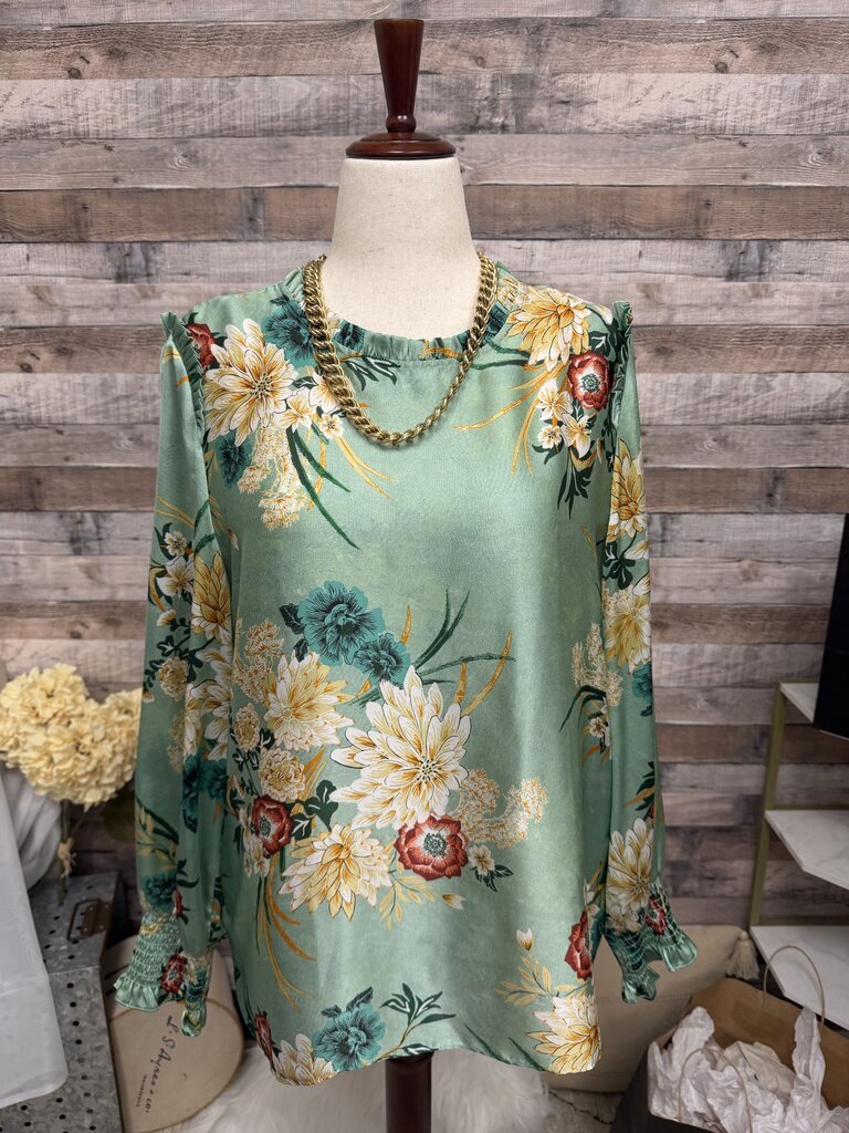 Violet & Claire Sage Green w/Floral Print Long Sleeve