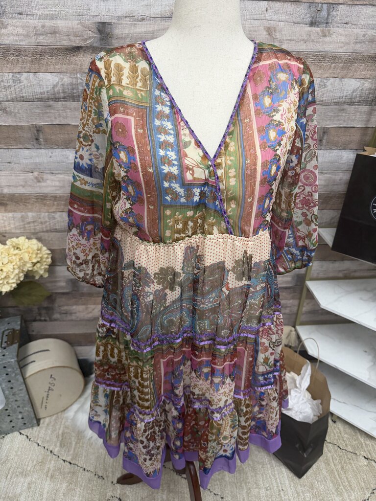 Dimri Boho Patchwork Paisley Print Dress w/Beaded Neckline