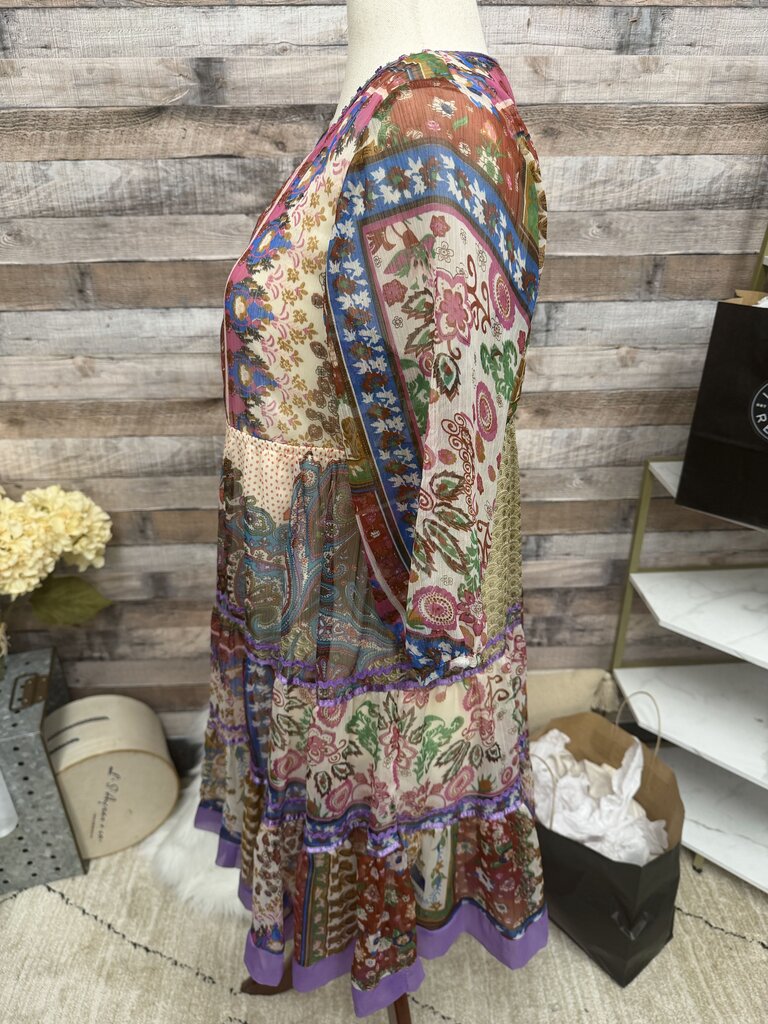 Dimri Boho Patchwork Paisley Print Dress w/Beaded Neckline