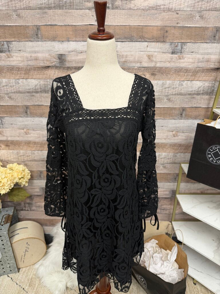 Solitaire Black Crochet Overlay Long Sleeve Dress