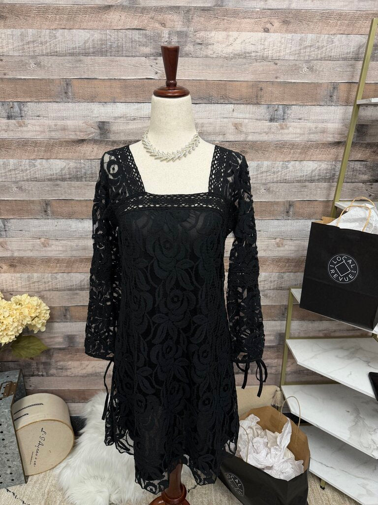 Solitaire Black Crochet Overlay Long Sleeve Dress
