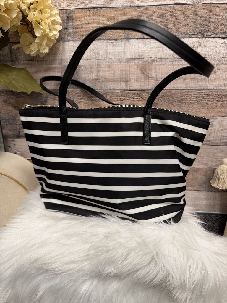 Kate Spade Black & White Stripe Nylon Gold Zip Tote