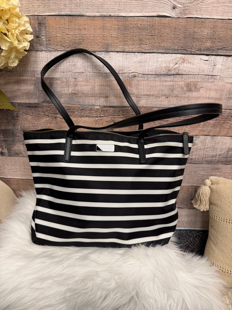Kate Spade Black & White Stripe Nylon Gold Zip Tote