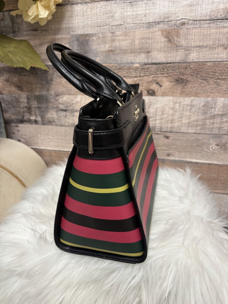 Kate Spade Black w/Pink,Green & Yellow Striped Saffiano Leather Satchel