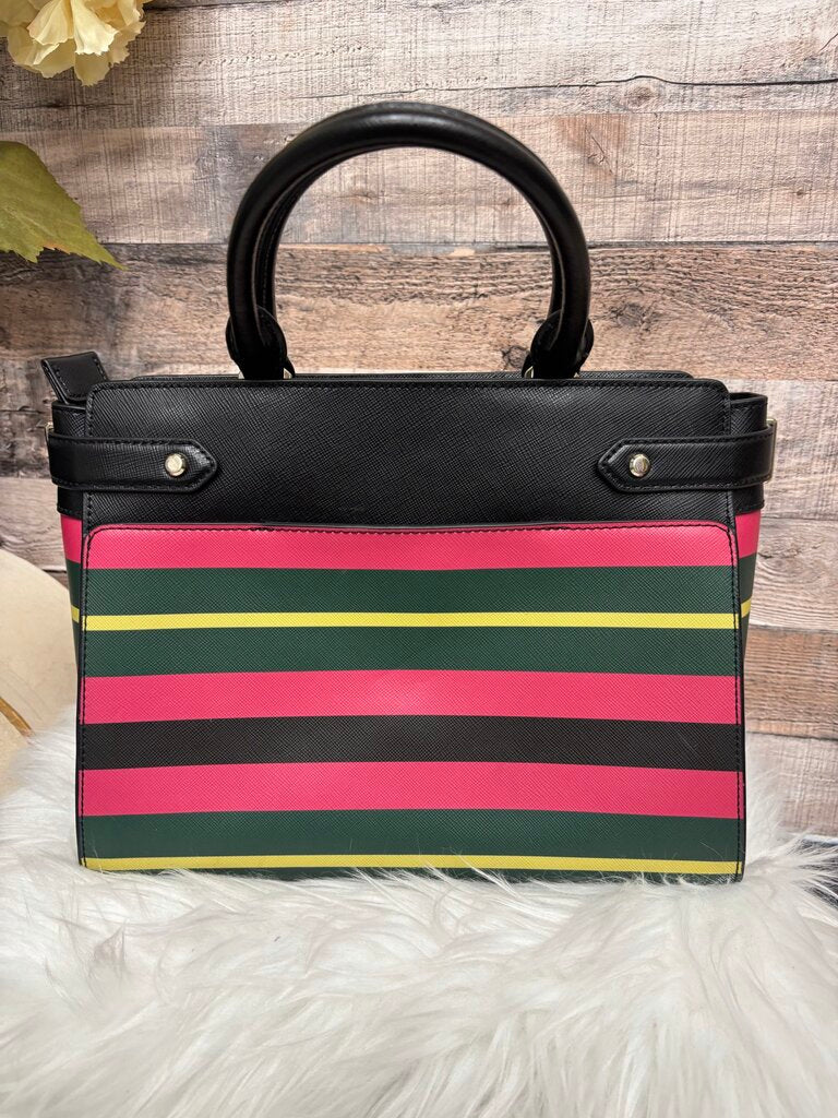 Kate Spade Black w/Pink,Green & Yellow Striped Saffiano Leather Satchel