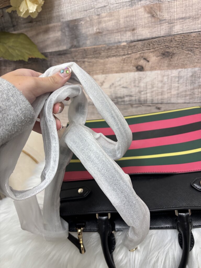 Kate Spade Black w/Pink,Green & Yellow Striped Saffiano Leather Satchel