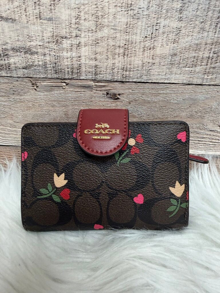 Coach Brown Signature Canvas w/Mini Rose Print Tote & Matching Wallet