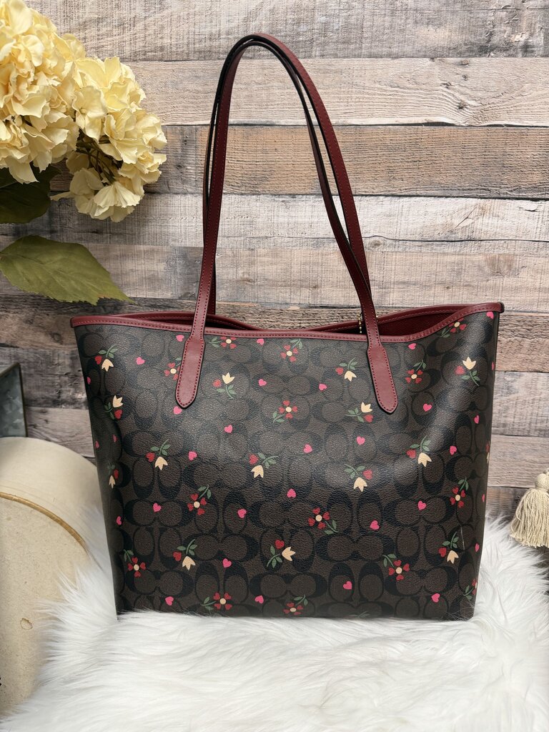 Coach Brown Signature Canvas w/Mini Rose Print Tote & Matching Wallet