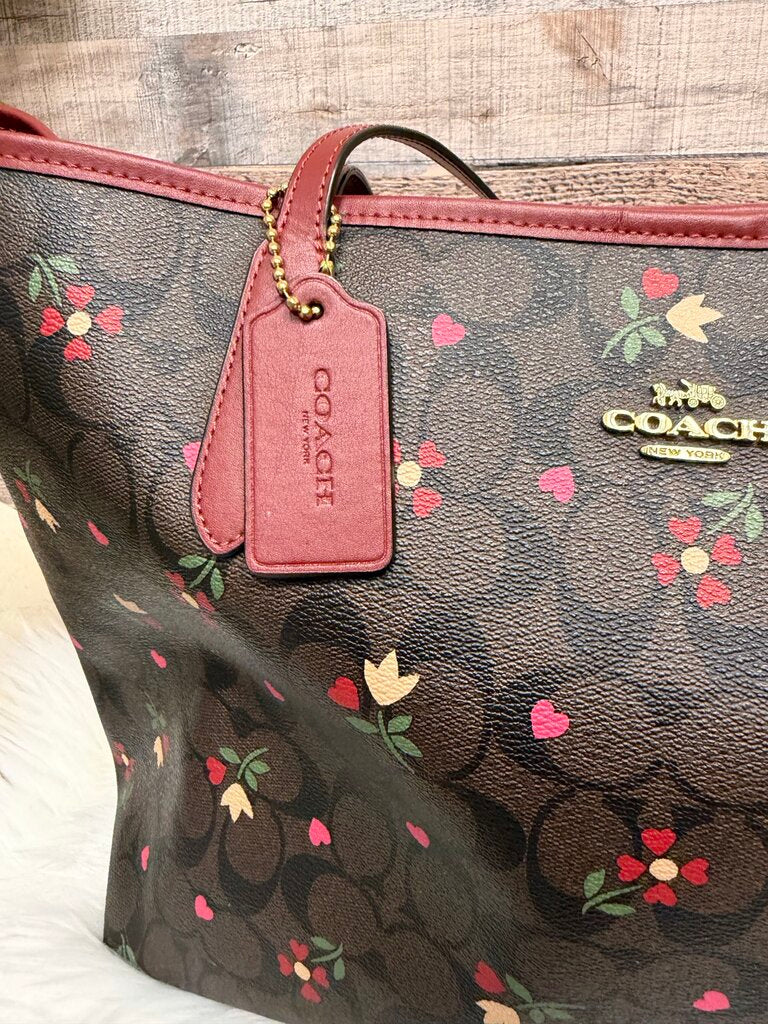 Coach Brown Signature Canvas w/Mini Rose Print Tote & Matching Wallet