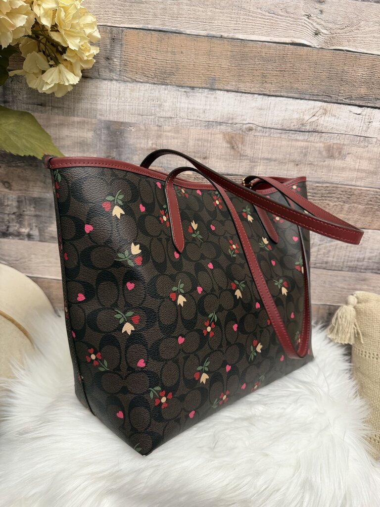 Coach Brown Signature Canvas w/Mini Rose Print Tote & Matching Wallet