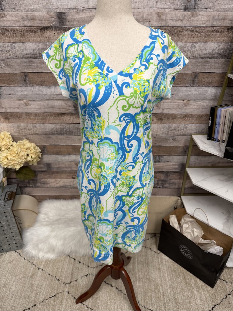 Lilly Pulitzer Aqua & Green V-Neck Short Sleeve Cotton Shirt Dress