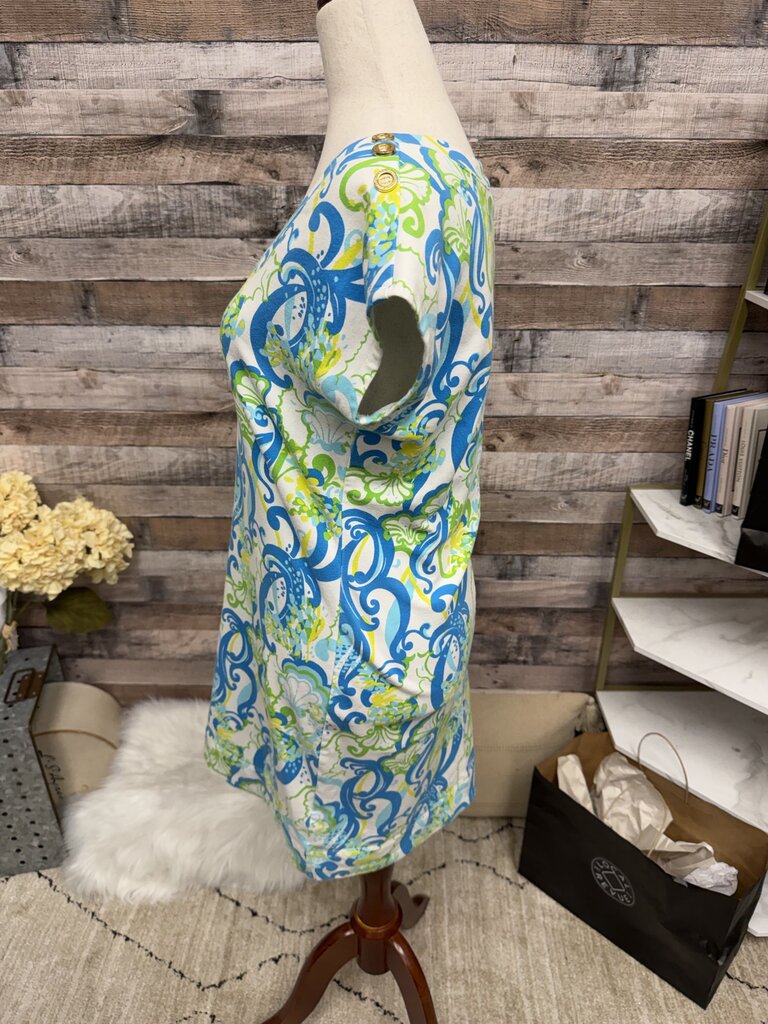 Lilly Pulitzer Aqua & Green V-Neck Short Sleeve Cotton Shirt Dress