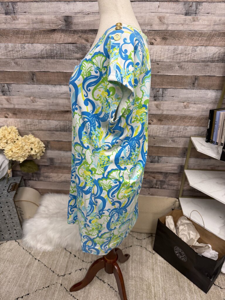 Lilly Pulitzer Aqua & Green V-Neck Short Sleeve Cotton Shirt Dress