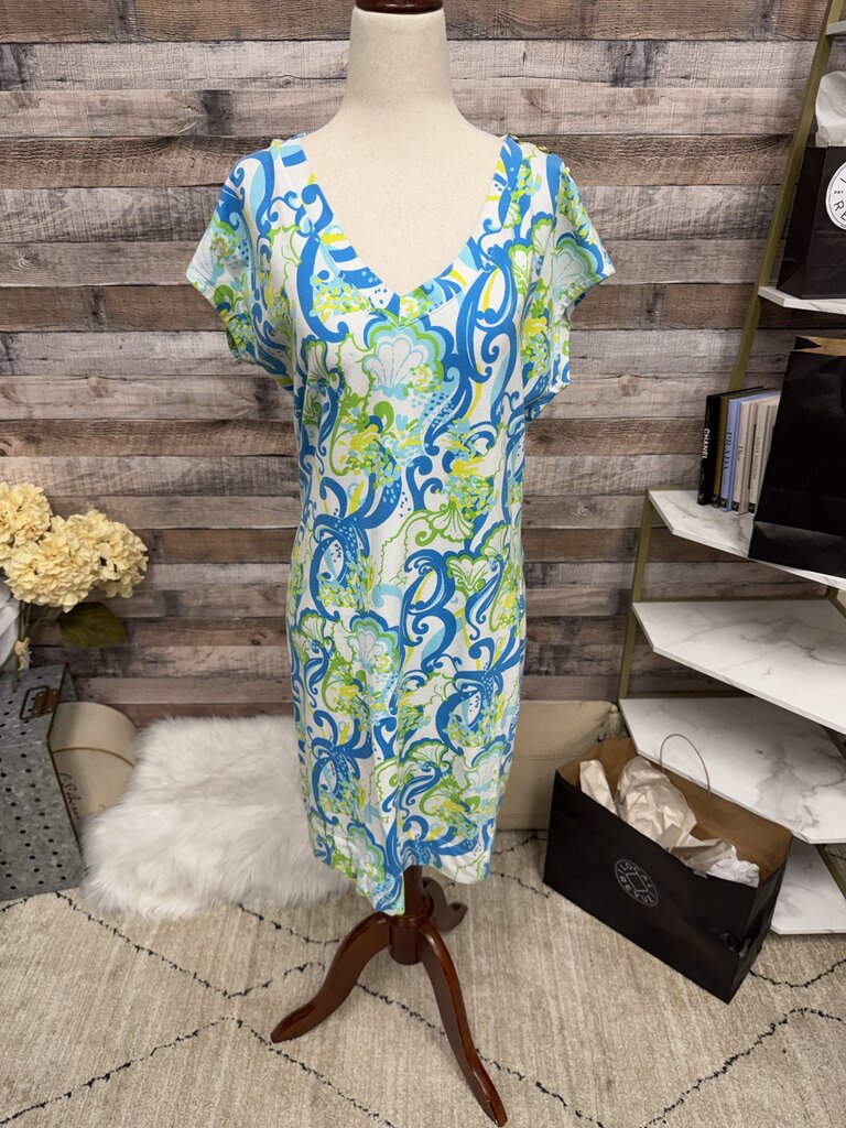 Lilly Pulitzer Aqua & Green V-Neck Short Sleeve Cotton Shirt Dress
